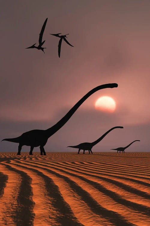 A herd of Omeisaurus dinosaurs silhouetted against a Jurassic sky.