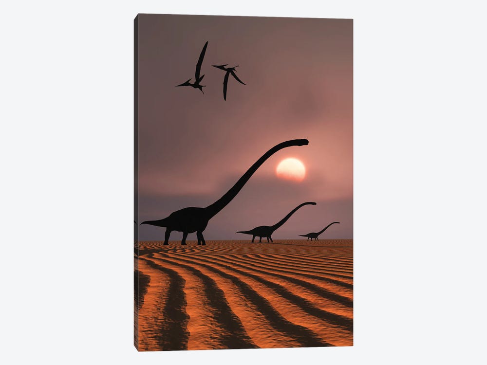 A herd of Omeisaurus dinosaurs silhouetted against a Jurassic sky. by Mark Stevenson 1-piece Canvas Art