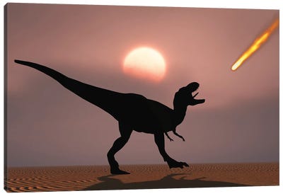 A lone T-rex watches a falling asteroid that will bring about the extinction of all dinosaurs. Canvas Art Print - Prehistoric Animal Art