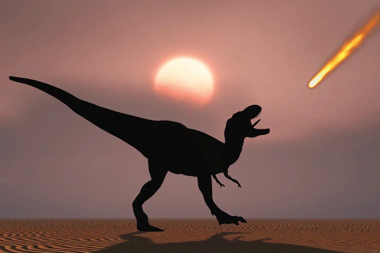 A lone T-rex watches a falling asteroid that will bring about the extinction of all dinosaurs.