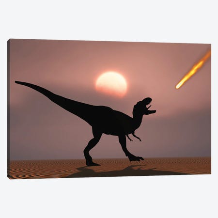 A lone T-rex watches a falling asteroid that will bring about the extinction of all dinosaurs. Canvas Print #TRK2847} by Mark Stevenson Art Print