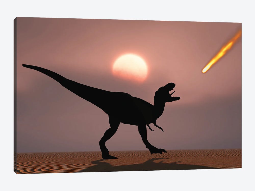 A lone T-rex watches a falling asteroid that will bring about the extinction of all dinosaurs. by Mark Stevenson 1-piece Canvas Art Print
