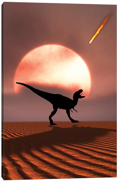 A lone T-rex watches a falling asteroid that will bring about the extinction of all dinosaurs. Canvas Art Print