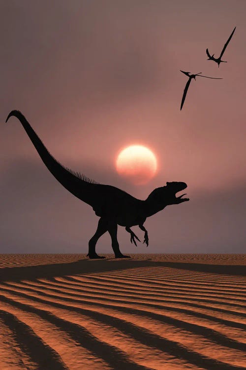 An Allosaurus dinosaur calling out against a Jurassic sky.