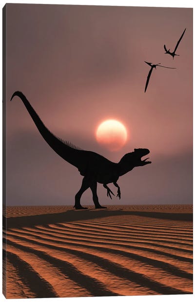 An Allosaurus dinosaur calling out against a Jurassic sky. Canvas Art Print - Prehistoric Animal Art