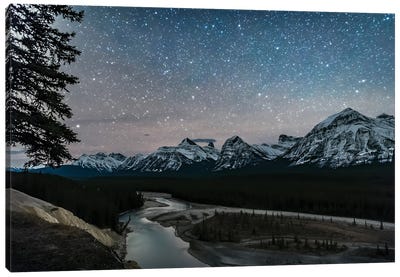A Starry Sky Over The Athabasca River And Continental Divide, Alberta, Canada. Canvas Art Print