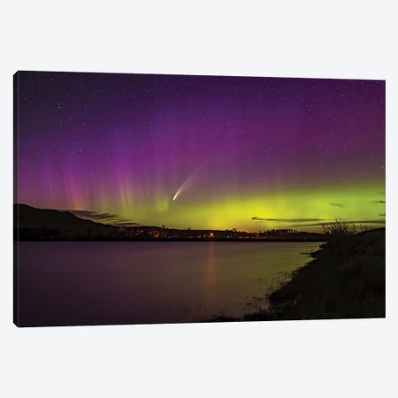 Comet Neowise And Aurora Over Waterton River, Alberta, Canada. Canvas Print #TRK2965} by Alan Dyer Canvas Artwork