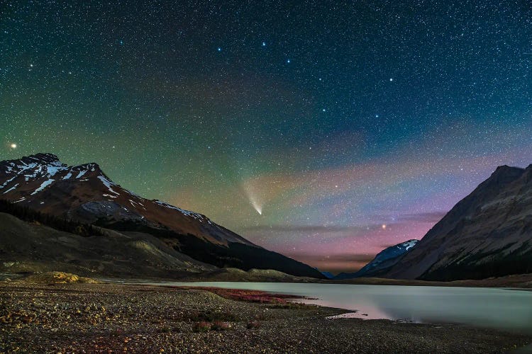 Comet Neowise Over Columbia Icefield In Jasper National Park, Alberta, Canada.