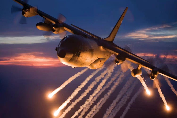 C-130 Hercules Releases Flares During A Mission Over Kansas