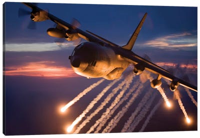 C-130 Hercules Releases Flares During A Mission Over Kansas Canvas Art Print - Military Aircraft Art
