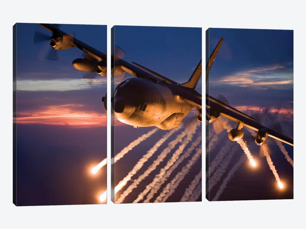 C-130 Hercules Releases Flares During A Mission Over Kansas by HIGH-G Productions 3-piece Art Print