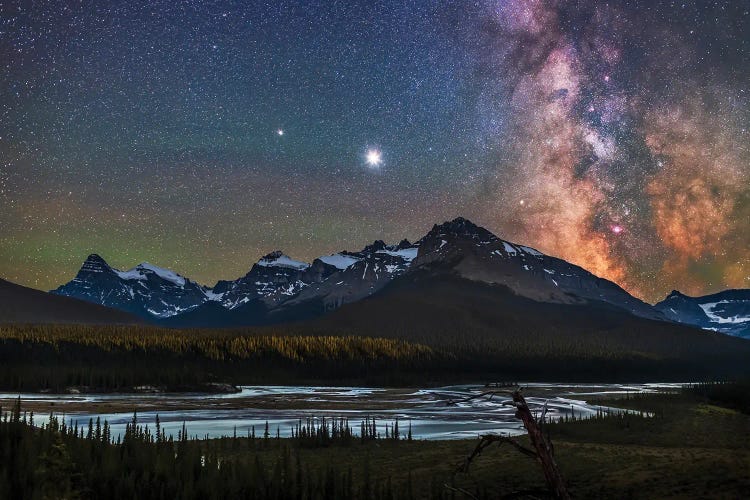 Milky Way, Jupiter And Saturn Over The Saskatchewan River And Mount Chephren, Canada. by Alan Dyer wall art