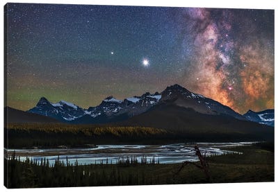 Milky Way, Jupiter And Saturn Over The Saskatchewan River And Mount Chephren, Canada. Canvas Art Print