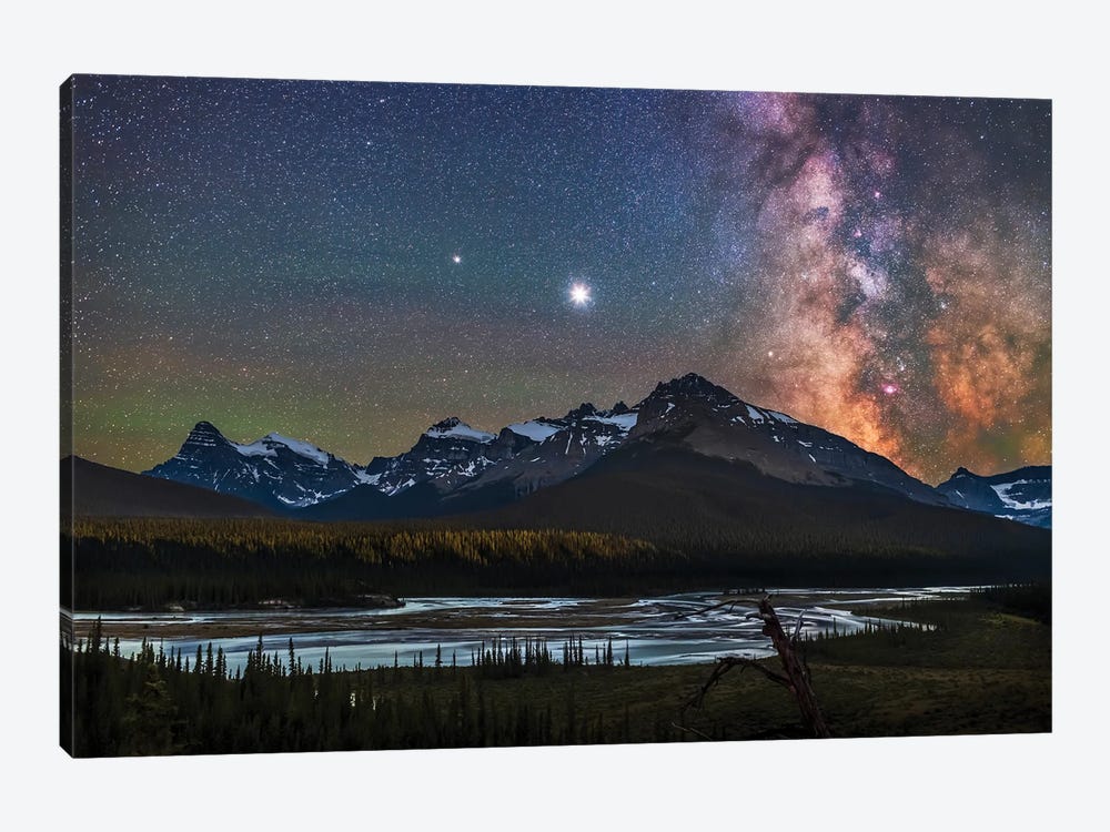 Milky Way, Jupiter And Saturn Over The Saskatchewan River And Mount Chephren, Canada. 1-piece Art Print