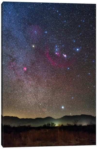 Orion & Sirius Rising Over The Peloncillo Mountains Of Southwest New Mexico. Canvas Art Print - Nebula Art