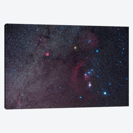Orion And The Northern Winter Milky Way, Showing The Orion Nebula, Belt Of Orion, Rosette Nebula And Betelgeuse. Canvas Print #TRK3070} by Alan Dyer Canvas Artwork