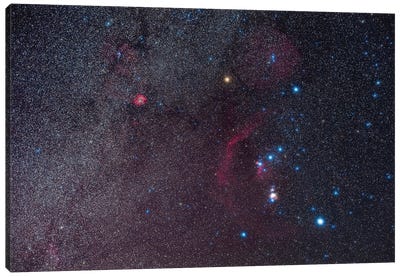 Orion And The Northern Winter Milky Way, Showing The Orion Nebula, Belt Of Orion, Rosette Nebula And Betelgeuse. Canvas Art Print