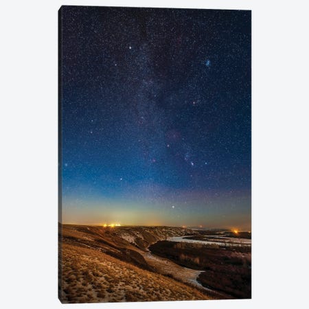 Orion And The Winter Stars And Constellations Rising Above The Bow River In Alberta, Canada. Canvas Print #TRK3072} by Alan Dyer Canvas Wall Art