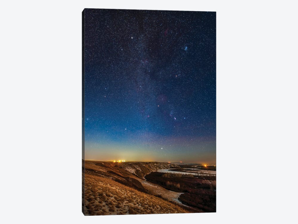 Orion And The Winter Stars And Constellations Rising Above The Bow River In Alberta, Canada. 1-piece Canvas Wall Art
