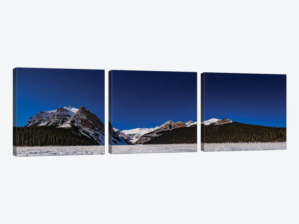 Panorama Of Lake Louise Under Winter Moonlight In Banff National Park, Canada. 3-piece Canvas Artwork