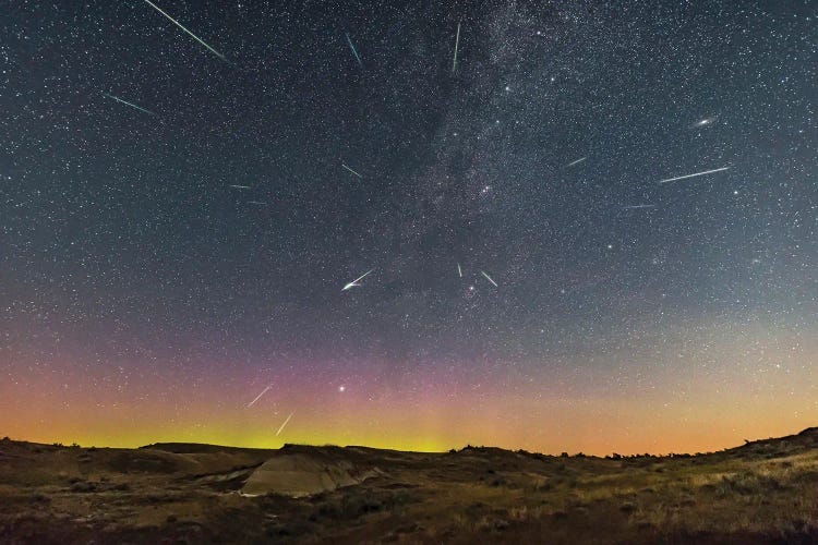 Perseid Meteor Shower At Dinosaur Provincial Park, Alberta, Canada.