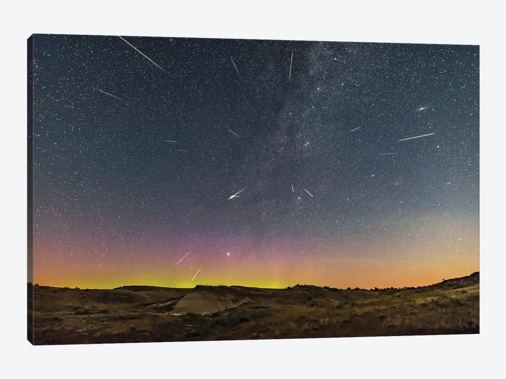 Perseid Meteor Shower At Dinosaur Provincial Park, Alberta, Canada. by Alan Dyer 1-piece Canvas Wall Art