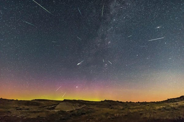 Perseid Meteor Shower At Dinosaur Provincial Park, Alberta, Canada.