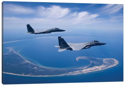Two F-15 Eagles Fly High Over Cape Cod, Massachusetts Canvas Art Print - Military Aircraft Art