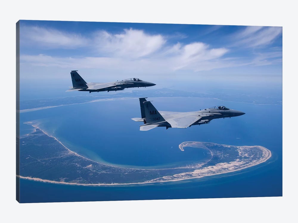 Two F-15 Eagles Fly High Over Cape Cod, Massachusetts by HIGH-G Productions 1-piece Canvas Wall Art
