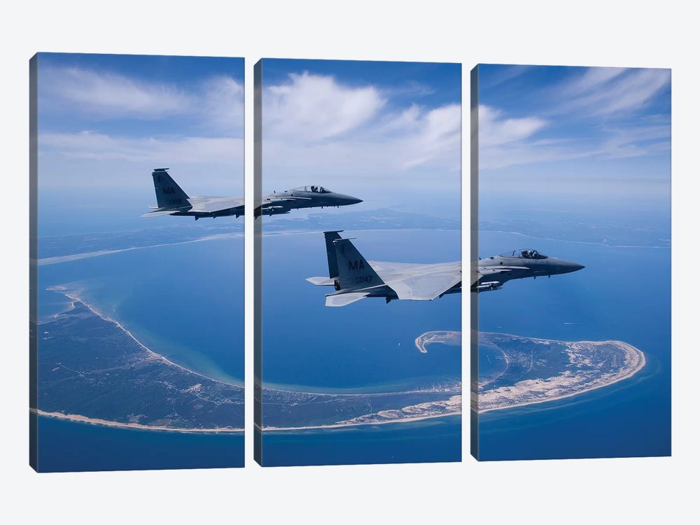 Two F-15 Eagles Fly High Over Cape Cod, Massachusetts by HIGH-G Productions 3-piece Canvas Art