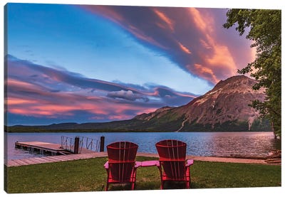 Red Chairs In The Sunset Light At Waterton Lakes National Park, Canada. Canvas Art Print - Alan Dyer