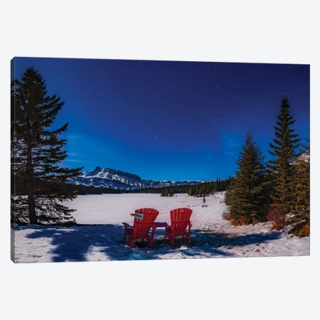 Red Chairs Under A Moonlit Winter Sky At Two Jack Lake, Banff National Park, Canada. Canvas Print #TRK3113} by Alan Dyer Canvas Art Print