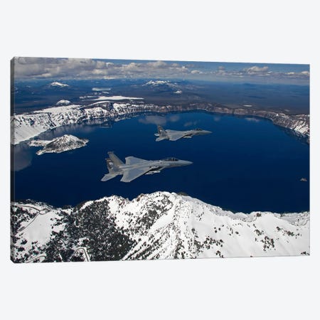 Two F-15 Eagles Fly Over Crater Lake In Central Oregon Canvas Print #TRK311} by HIGH-G Productions Canvas Print