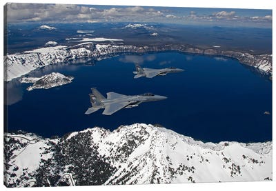 Two F-15 Eagles Fly Over Crater Lake In Central Oregon Canvas Art Print