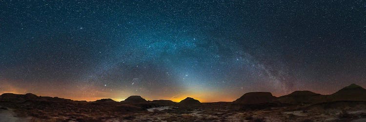 Spring Sky Panorama With Milky Way And Constellations At Dinosaur Provincial Park, Canada.