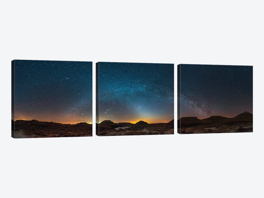 Spring Sky Panorama With Milky Way And Constellations At Dinosaur Provincial Park, Canada. by Alan Dyer 3-piece Canvas Print