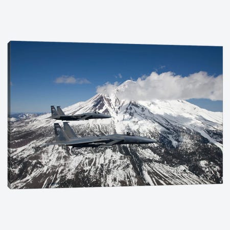 Two F-15 Eagles Fly Past Snow Capped Peaks In Central Oregon Canvas Print #TRK312} by HIGH-G Productions Canvas Print