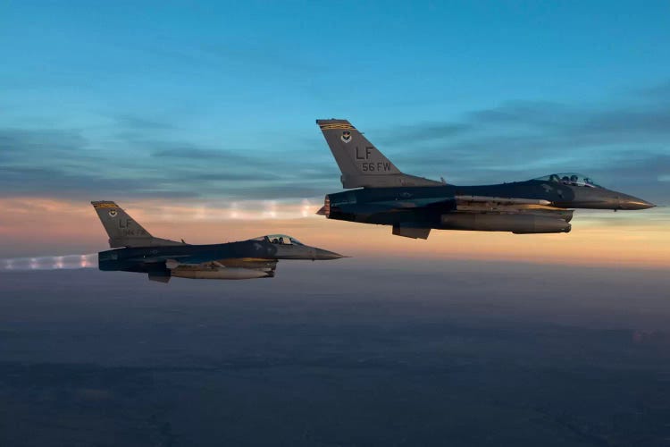 Two F-16s Fly In Formation Over Arizona Before Sunset