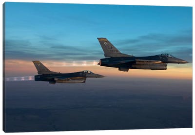 Two F-16s Fly In Formation Over Arizona Before Sunset Canvas Art Print - Military Art
