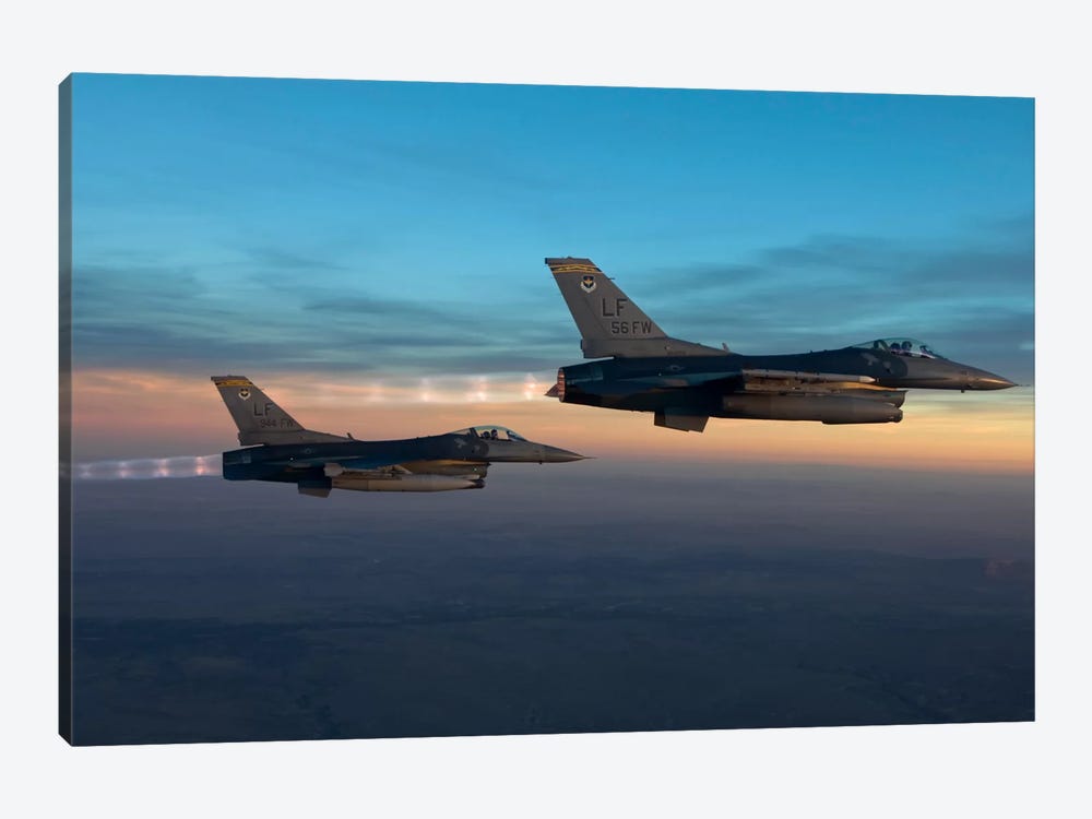 Two F-16s Fly In Formation Over Arizona Before Sunset by HIGH-G Productions 1-piece Canvas Print