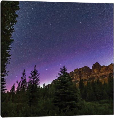 The Big And Little Dippers, And Polaris, Over Castle Mountain In Banff National Park, Canada. Canvas Art Print