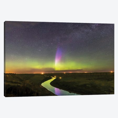 The Lone Curtain Of Purple And Blue Aurora Over Red Deer River, Alberta, Canada. Canvas Print #TRK3211} by Alan Dyer Canvas Wall Art