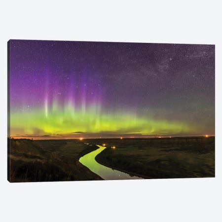 The Northern Lights Dance Over The Red Deer River And Badlands Of Alberta, Canada. Canvas Print #TRK3226} by Alan Dyer Canvas Artwork