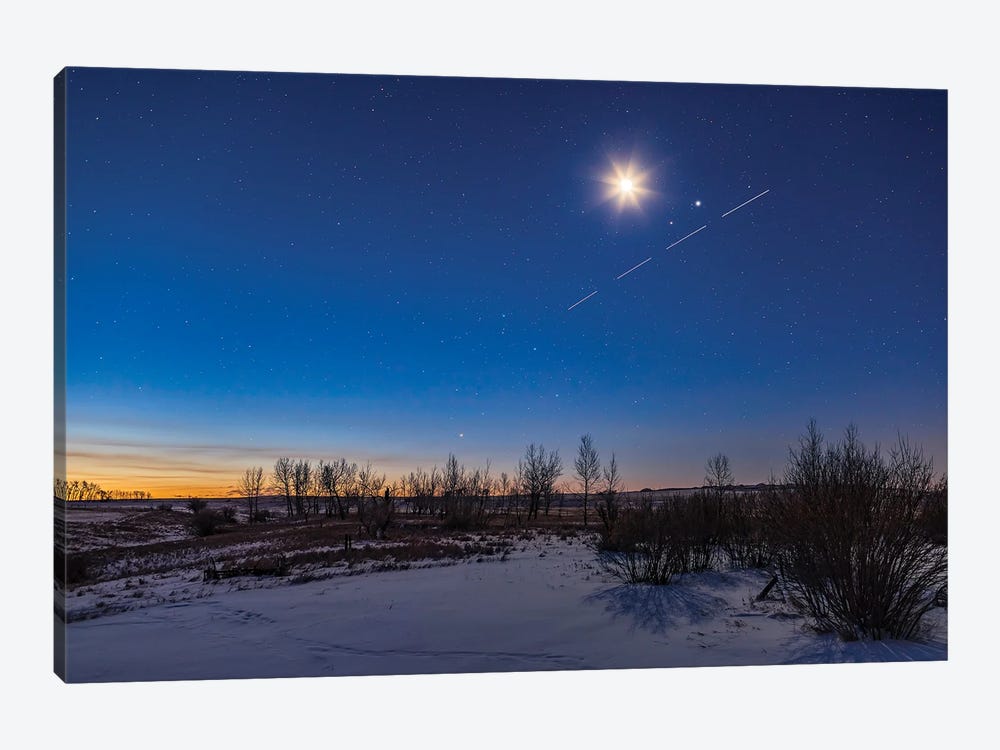 The Waning Crescent Moon Shining Above The Pairing Of Mars, Jupiter And A Streaking Space Station. 1-piece Canvas Wall Art