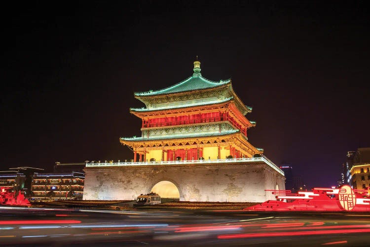 A Night View Of Gulou Tower In Xian, China