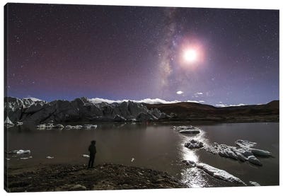 A Panorama View Of Milky Way And Moon Shine Above A Glacier In The Himalayas Of Tibet Canvas Art Print - Jeff Dai