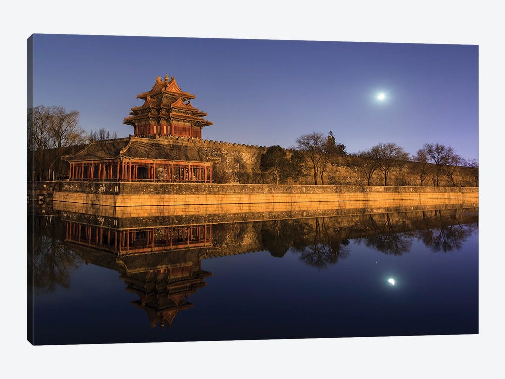 Moonset Above The Jiaolou Tower In Forbidden City Of Beijing, China by Jeff Dai 1-piece Canvas Wall Art