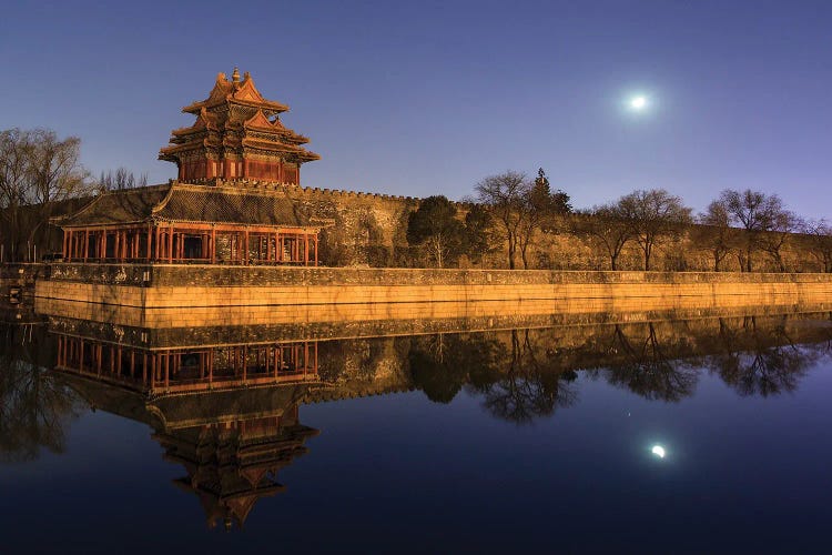 Moonset Above The Jiaolou Tower In Forbidden City Of Beijing, China