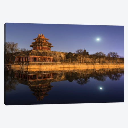 Moonset Above The Jiaolou Tower In Forbidden City Of Beijing, China Canvas Print #TRK3330} by Jeff Dai Canvas Print