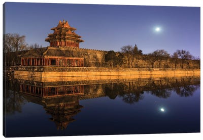 Moonset Above The Jiaolou Tower In Forbidden City Of Beijing, China Canvas Art Print - Jeff Dai